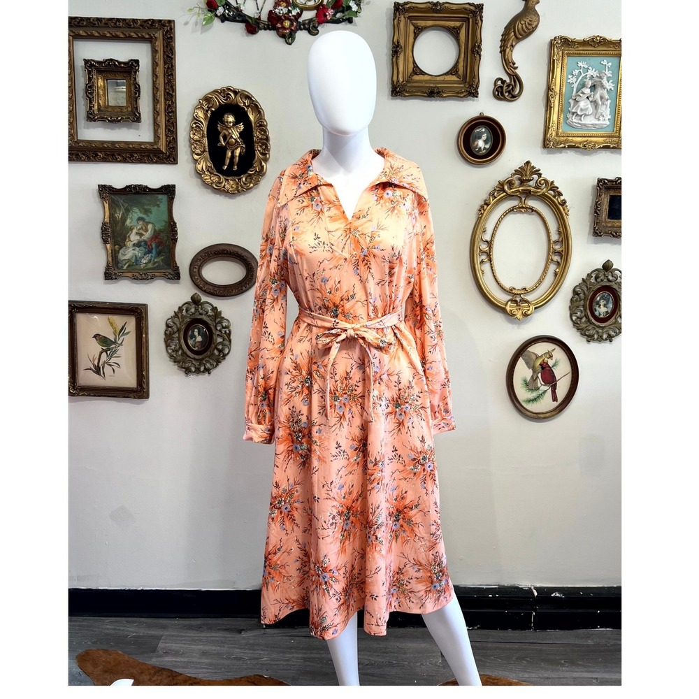 Vintage 1970s Floral Long Sleeve Midi Day Dress Size 16